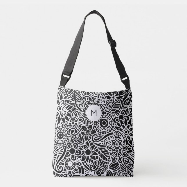 Bolsa Ajustável Monograma Floral Mandala Inicial Preto Branco  (Frente)