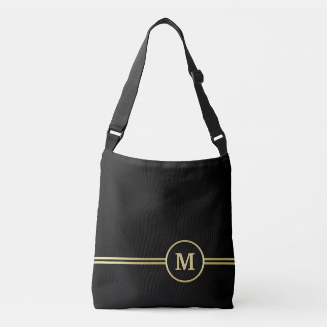Bolsa Ajustável Monograma personalizado de ouro elegante a preto (Frente)