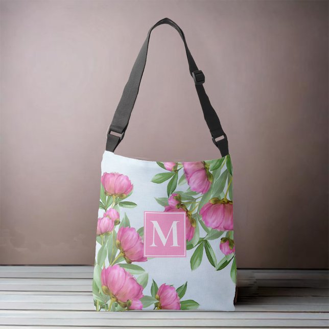 Bolsa Ajustável Monograma Personalizado Rosa Floral (Pink Peonies shoulder tote bag.)