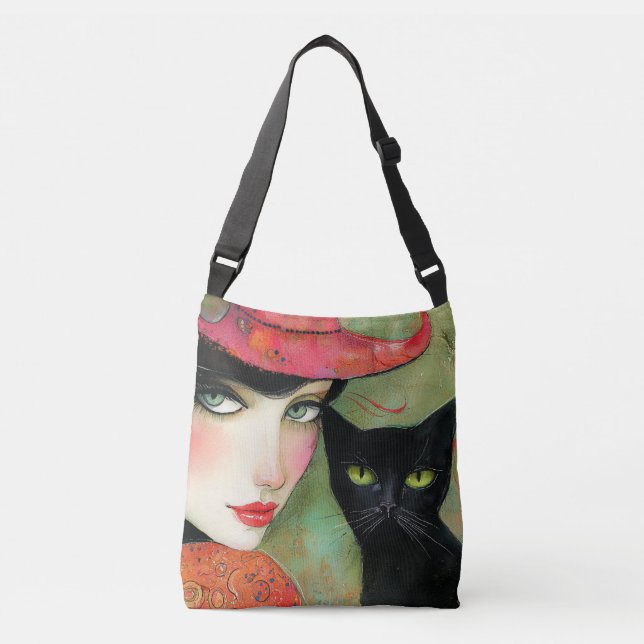 Bolsa Ajustável Mulher Chic e Gato Negro (Frente)