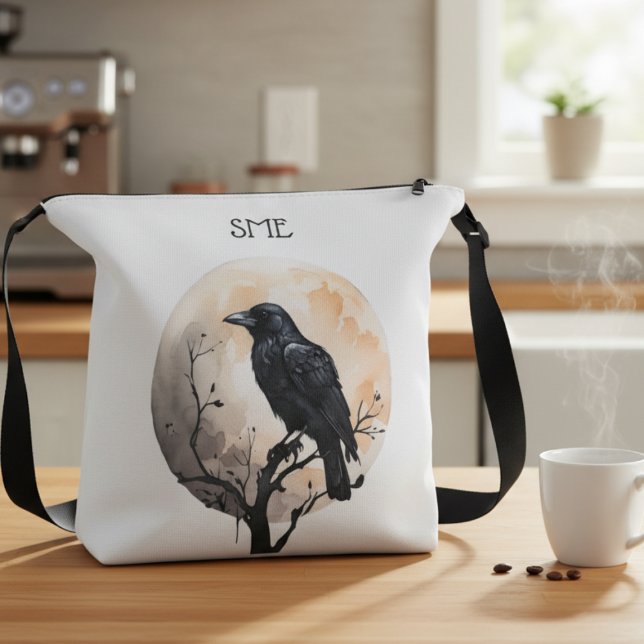 Bolsa Ajustável Mystical Raven Moon Art Crossbody Bag (Black gothic raven against moon crossbody bag)
