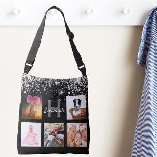 Bolsa Ajustável Nome do monograma da colagem de fotos com brilho p