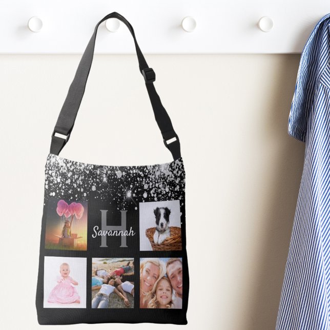 Bolsa Ajustável Nome do monograma da colagem de fotos com brilho p (Criador carregado)