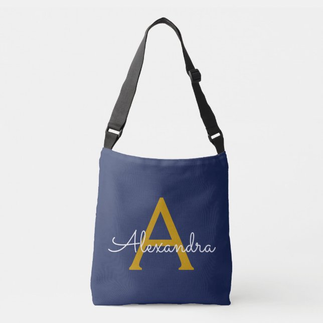 Bolsa Ajustável Nome Moderno do Monograma de Script Girly Dourado  (Frente)