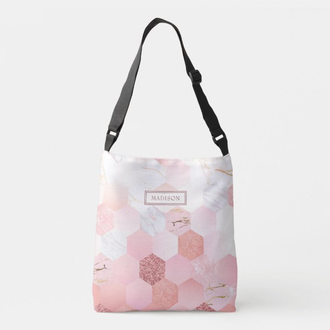 Bolsa Ajustável Nome Personalizado do Marble Glitter Rosa Girassol (Verso)