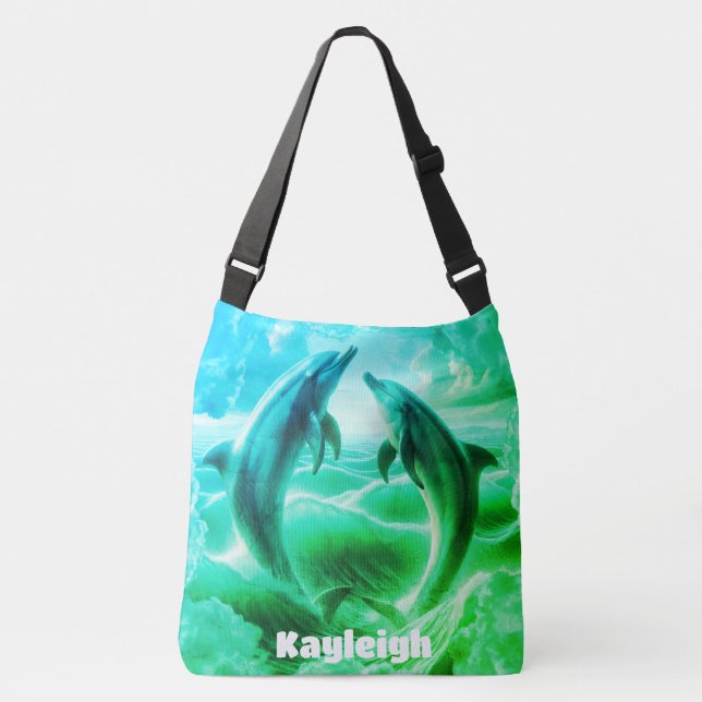 Bolsa Ajustável Oceano de golfinhos azul e verde monograma | (Frente)