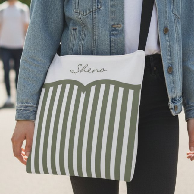 Bolsa Ajustável Olive Green Pinstriped Monogram (Boho meets bold with scalloped stripes and custom name make this bag stand out.)