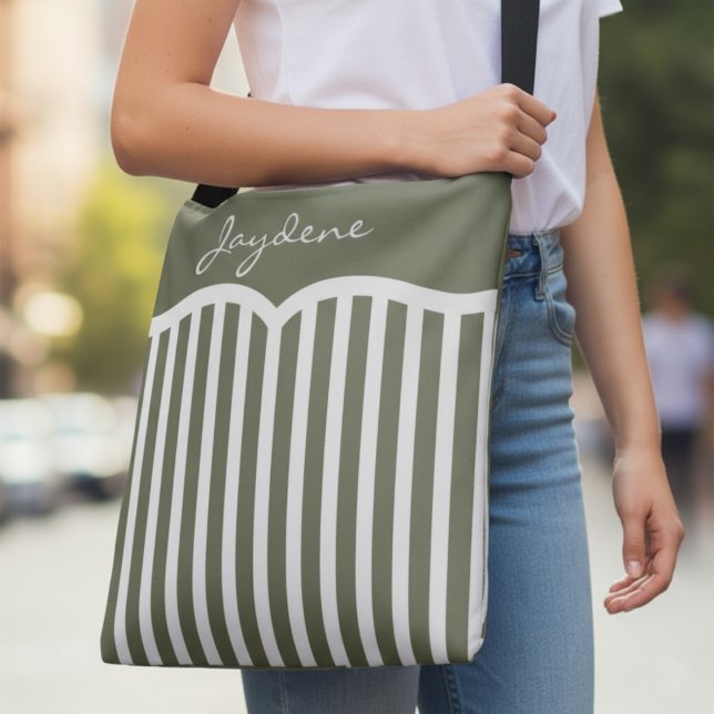 Bolsa Ajustável Olive Green Pinstriped Monogram (White and green stripes meet black hardware for a sleek, travel-ready look. Customize the name area.)