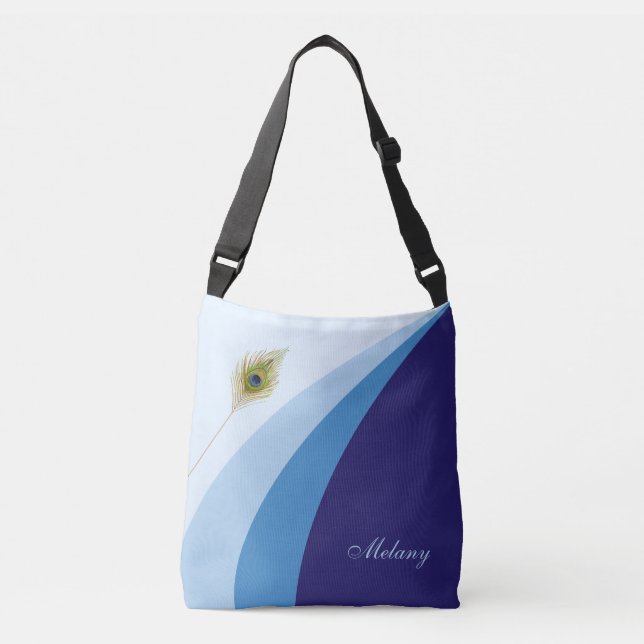 Bolsa Ajustável Ondas abstratas em tons azuis & pena de pavão (Frente)
