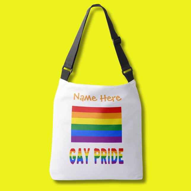 Bolsa Ajustável Orgulho gay Rainbow Flag Orange Personalizado (Crossbody bag with Gay Pride Rainbow Flag and the words GAY PRIDE below. Above add a name in orange )
