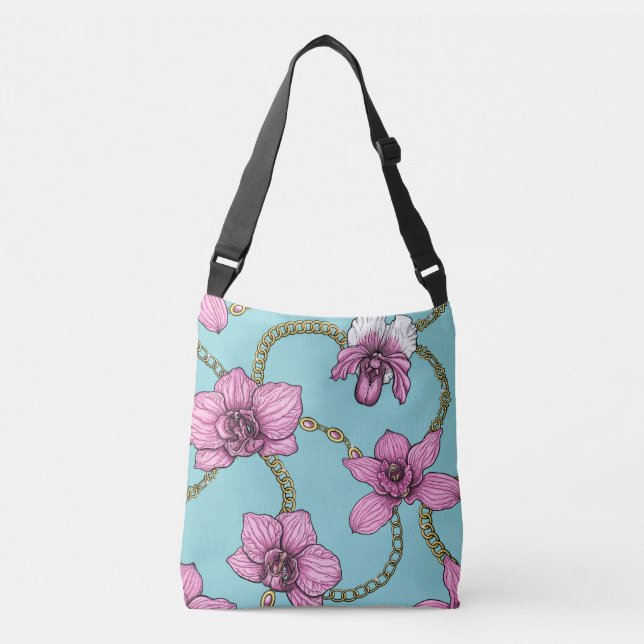 Bolsa Ajustável Orquídeas e correntes, rosa e azul (Frente)