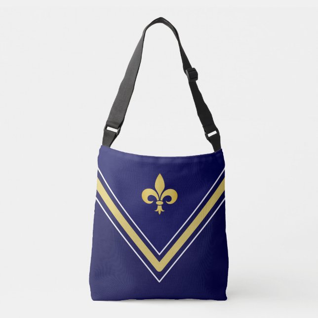 Bolsa Ajustável Ouro Fleur de Lis em Marinho Azul e Branco (Frente)