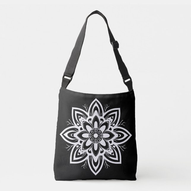 Bolsa Ajustável Padrão de Flor Mandala em Preto e Branco (Frente)