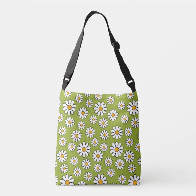 Bolsa Ajustável Padrão de Margarida Floral Verde e Branco (Verso)