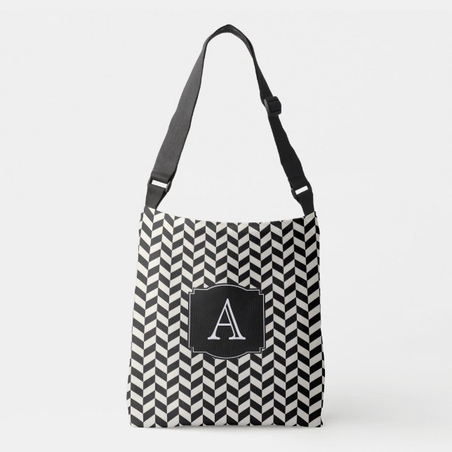 Bolsa Ajustável Padrão de osso do Herringbone preto e branco (Frente)