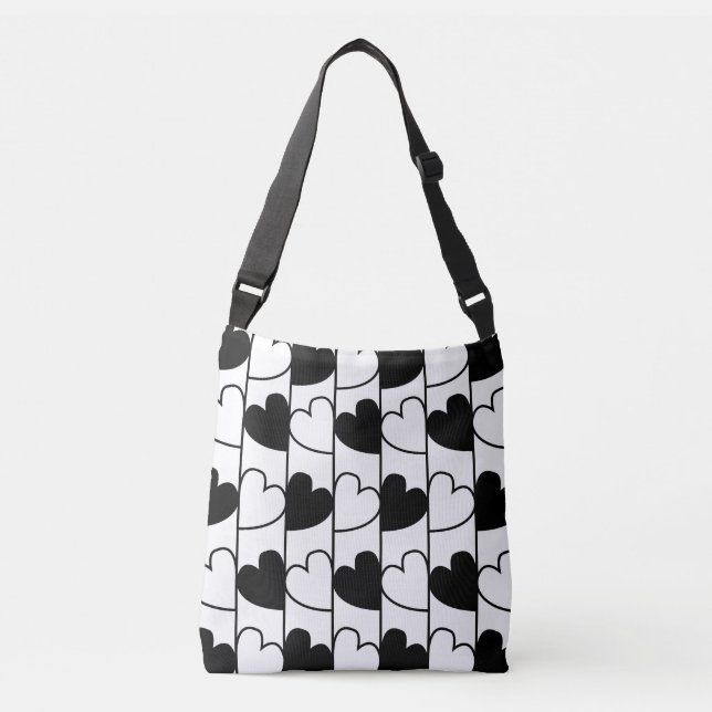 Bolsa Ajustável Padrão de Stripes do Coração Negro e Branco (Frente)