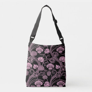 Bolsa Ajustável Padrão Floral Retroativo Rosa em Preto