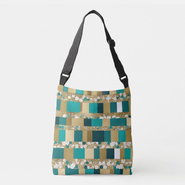 Bolsa Ajustável Padrão Geométrico Dourado E Verde Teal Com Flores (Frente)