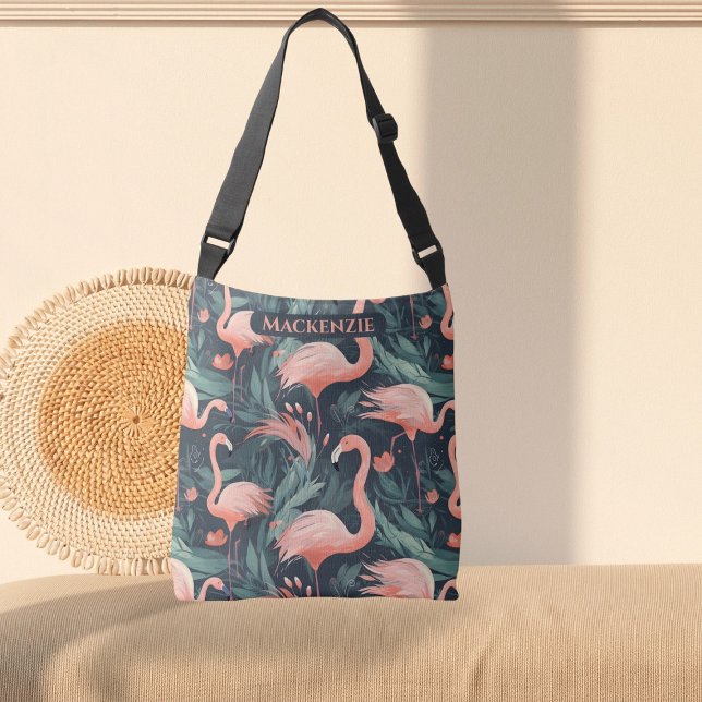 Bolsa Ajustável Padrão tropical rosa Flamingo personalizado (Pink Flamingo Tropical Pattern Personalized Crossbody Bag by Ricaso. Add your own mane or other text)