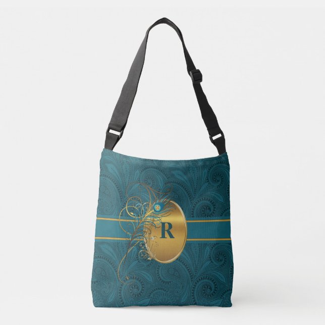 Bolsa Ajustável Paisley Peacock com Monograma em Teal e Dourada (Frente)