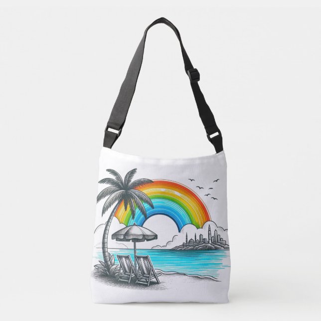 Bolsa Ajustável Palmeira praia com belo arco-íris (Frente)