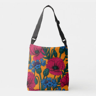 Bolsa Ajustável Papoilas vermelhas e flores azuis em laranja