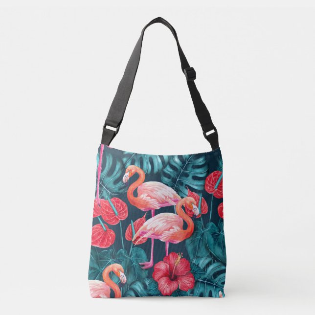 Bolsa Ajustável Pássaros Flamingo e aquarela de jardim tropical (Frente)