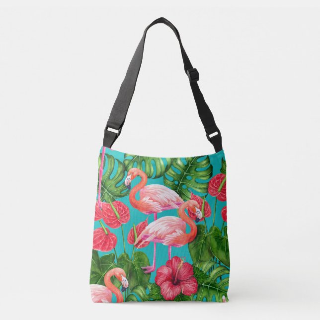 Bolsa Ajustável Pássaros Flamingo e aquarela de jardim tropical (Frente)