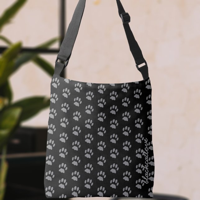 Bolsa Ajustável Pata preta e Cinza Pata Padrão Imprimir Pata Gato (A purrfect paw print crossbody bag with space for your name)