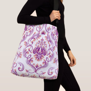 Bolsa Ajustável Peach e Damasco Roxo Padrão Floral Elegante