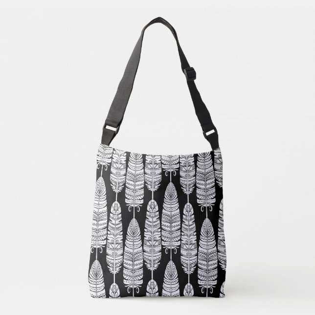 Bolsa Ajustável Penas boho: padrão preto e branco (Frente)