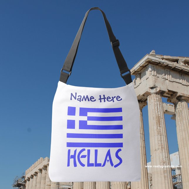 Bolsa Ajustável Personalização Azul da Bandeira Grega Hellas  (Personalized crossbody bag has Greek flag and word HELLAS below in blue letters. Add a name above.)