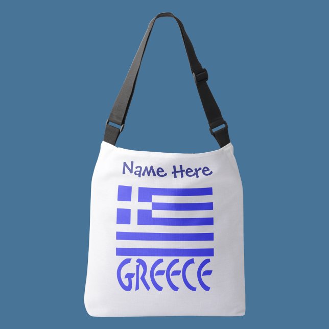 Bolsa Ajustável Personalização Azul do Sinalizador Grego grécia (Personalized crossbody bag with Greek flag and word GREECE below in blue letters. Add name above.)