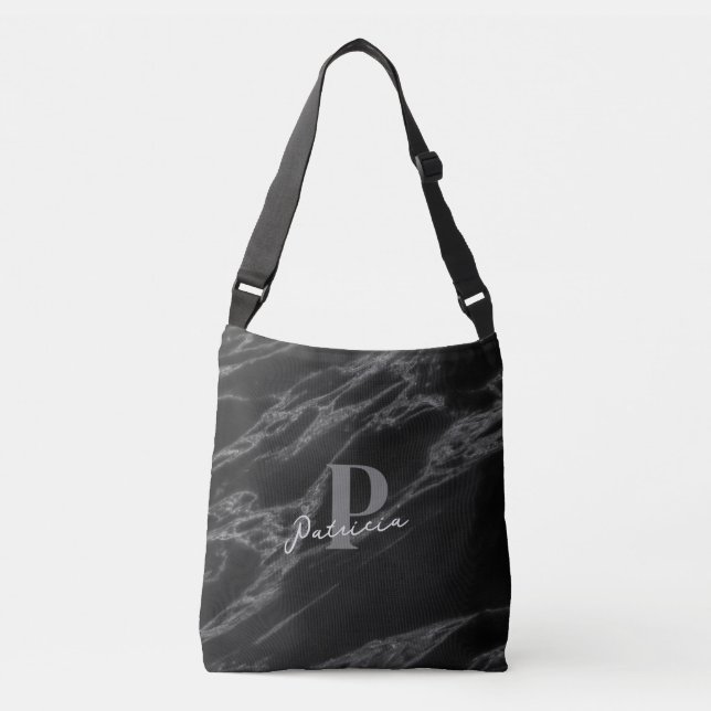 Bolsa Ajustável Personalizado com o nome inicial Chic Marble Black (Frente)