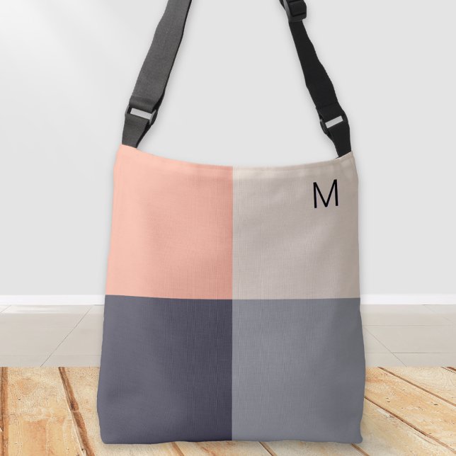 Bolsa Ajustável Pêssego Neutro dos Quadrados Geométricos Modernos  (An elegant monogrammed bag with a stylish color block design in oatmeal, taupe, charcoal and peach)