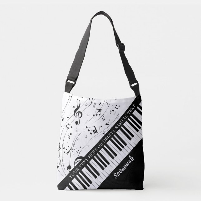 Bolsa Ajustável Piano Music Notes Script Nome Preto (Frente)