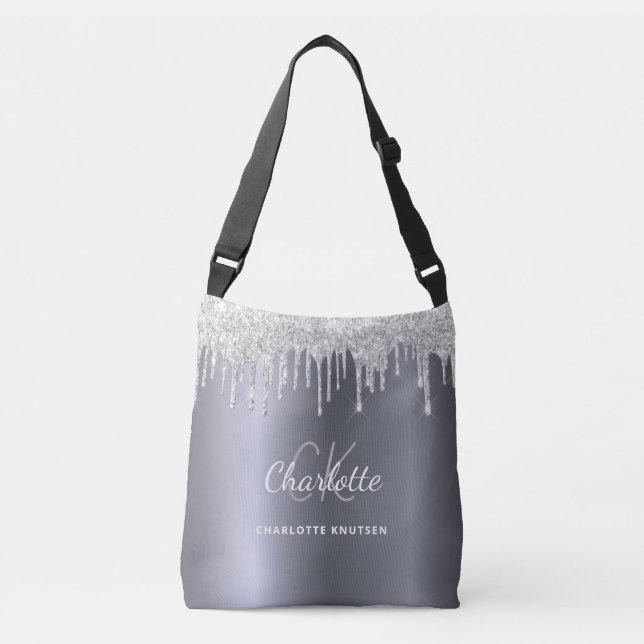 Bolsa Ajustável Pingentes de brilho prateado com iniciais monogram (Frente)