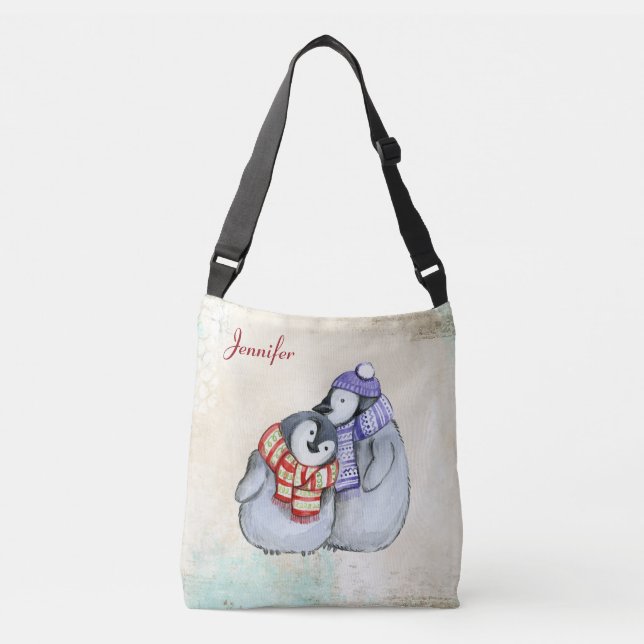 Bolsa Ajustável Pinguins bonitos em escarpas e chapéus de inverno  (Frente)