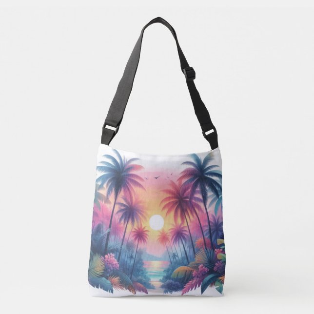 Bolsa Ajustável Pink Tropical Beach Sunset E Palm Trees (Frente)