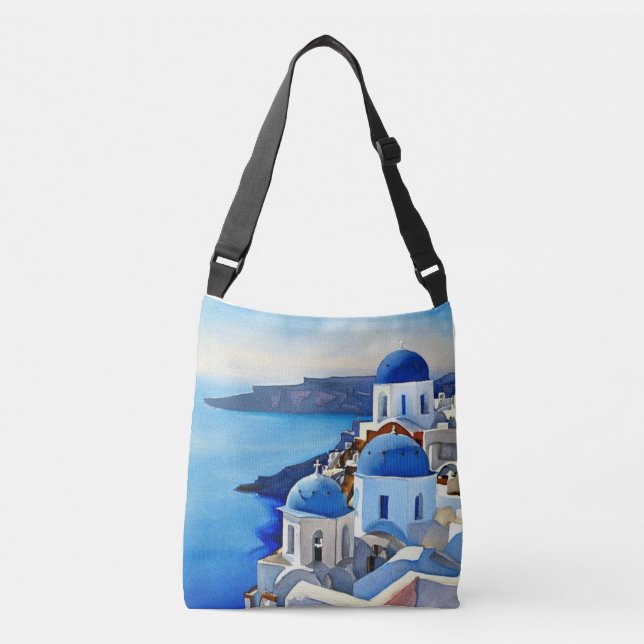 Bolsa Ajustável Pintura por Aquarela da Grécia Santorini (Frente)