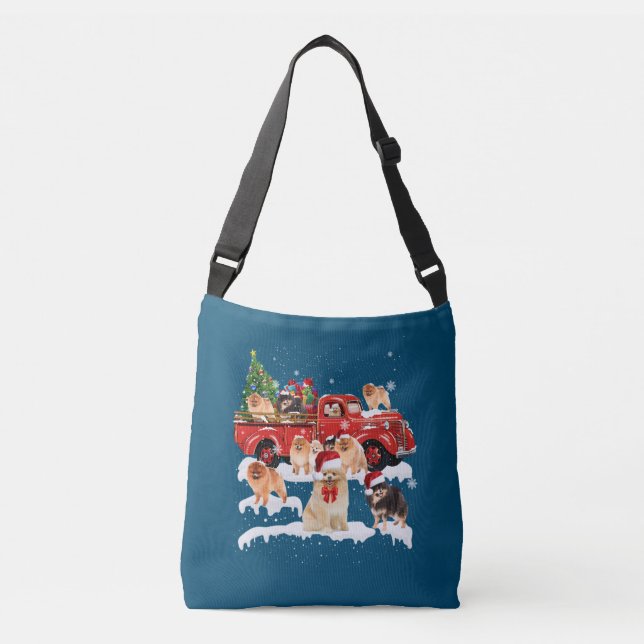 Bolsa Ajustável Pomerânia Andando Caminhão Vermelho Xmas Feliz Nat (Frente)