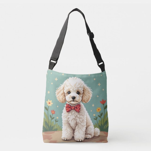 Bolsa Ajustável Poodle branco adorável com gravata borboleta (Frente)