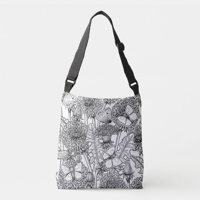 Bolsa Ajustável Prado de dandelion em preto e branco (Frente)
