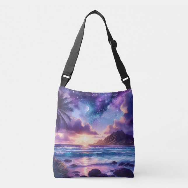 Bolsa Ajustável Praia Tropical da Lua Noturna Roxa (Frente)