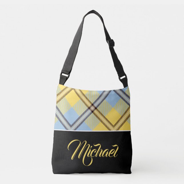 Bolsa Ajustável Preto Amarelo Azul Xadrez Tartan Nome Personalizad (Frente)