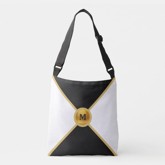 Bolsa Ajustável Preto Elegante, Dourado e Branco (Frente)
