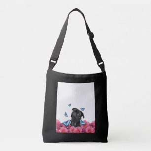Bolsa Ajustável Pug Preto Com Borboletas Azuis E Gerberas