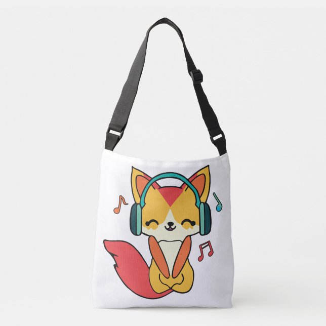 Bolsa Ajustável Raposa feliz com fones de ouvido ouvindo música. (Frente)