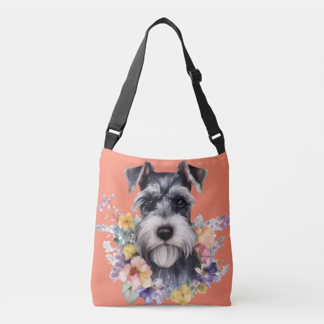 Bolsa Ajustável Retrato de Schnauzer Fofo com Flores (Frente)