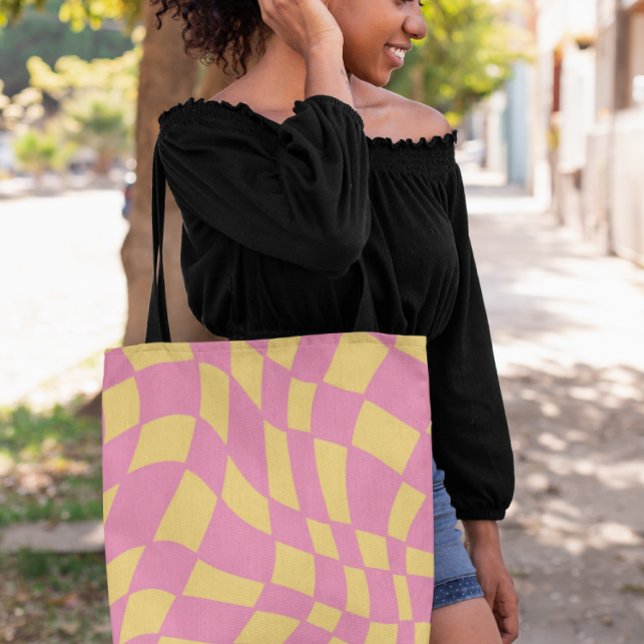 Bolsa Ajustável Retro ondulado rosa e amarelo verificado (Criador carregado)